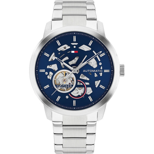 Luxury wristwatch TOMMY HILFIGER MOD. HENRY with silver strap and blue face showcasing intricate design details.