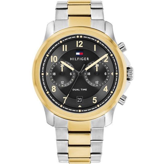 TOMMY HILFIGER Mod. 1710627 men's watch with quartz movement, black dial, dual time function, and 5 ATM water resistance.
