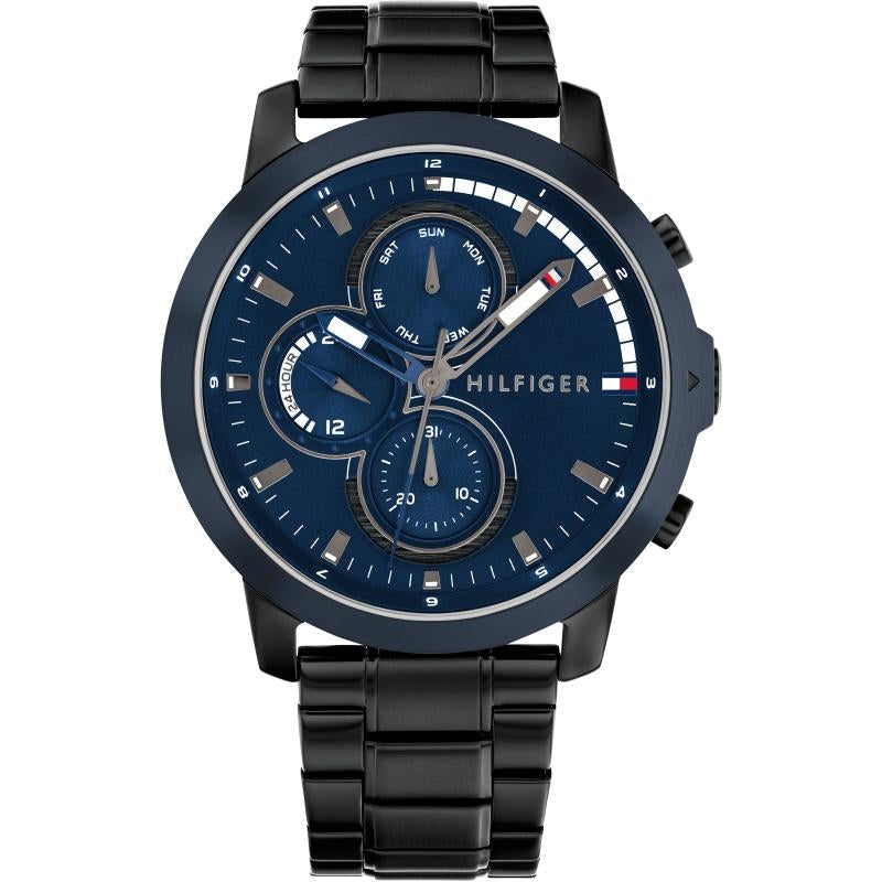 TOMMY HILFIGER Mod. 1792049 men's quartz analog watch with 46mm case, mineral dial, and official packaging.