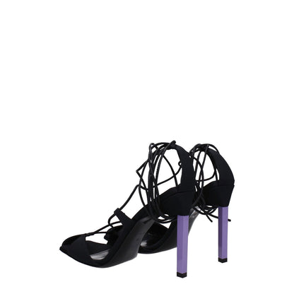 The Attico Black Fabric Stiletto Heel Sandals with open toe, mauve high heel, self tie closure, and leather sole.