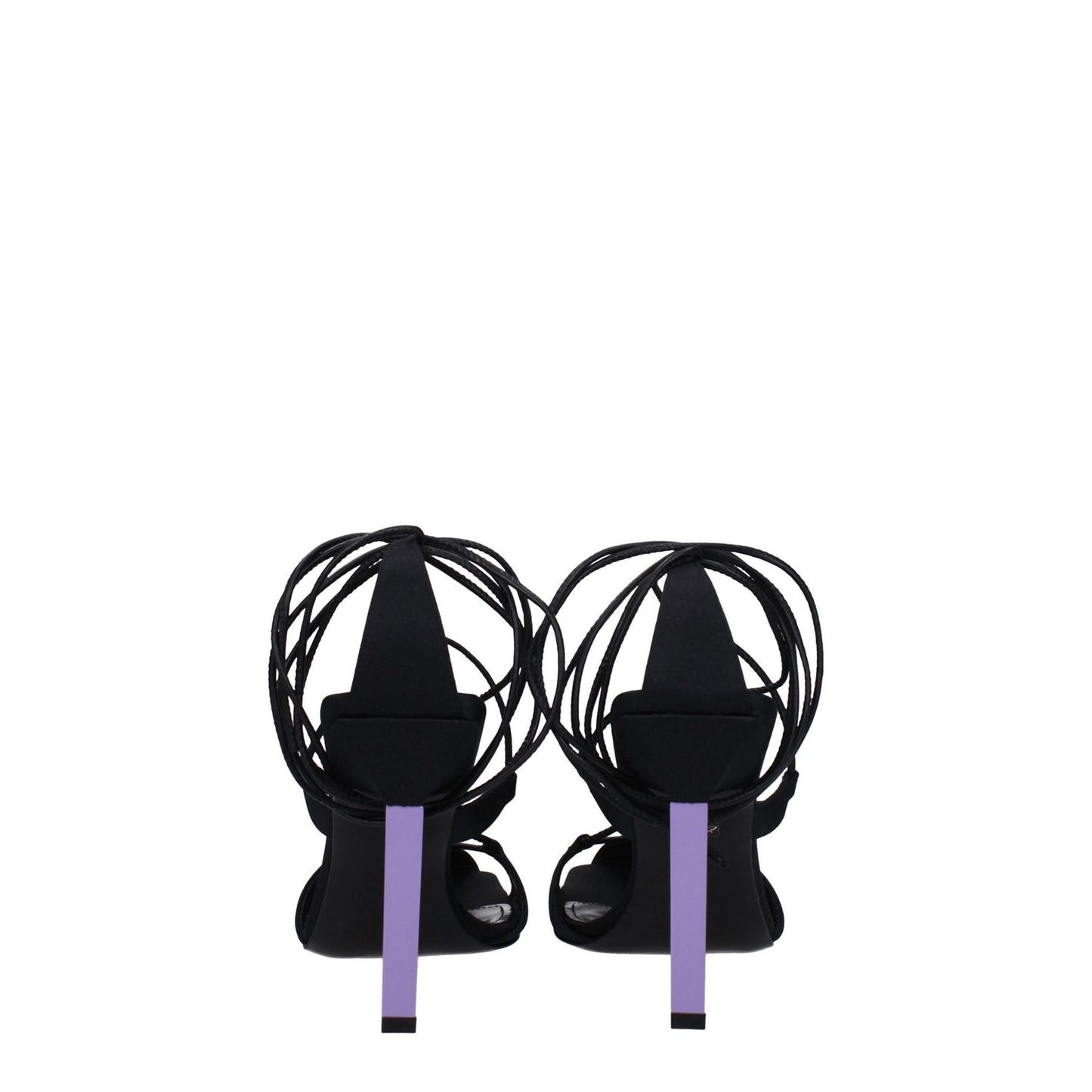 Back view of The Attico Black Fabric Stiletto Heel Sandals with mauve leather high heels and open toe design.