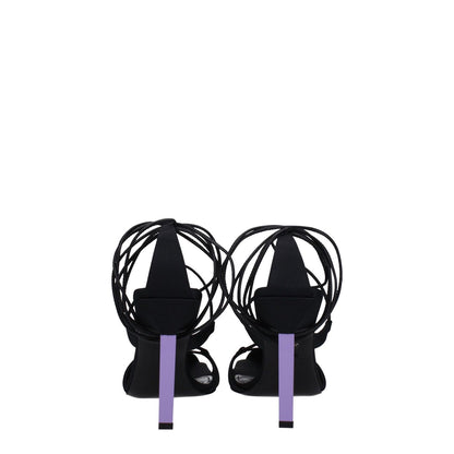 Back view of The Attico Black Fabric Stiletto Heel Sandals with mauve leather high heels and open toe design.