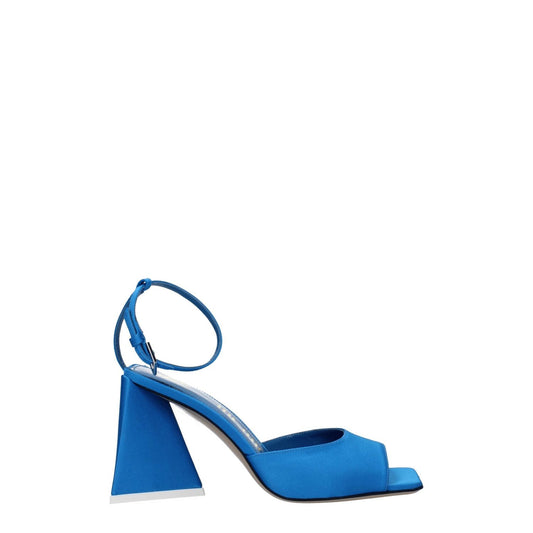 The Attico Blue Satin Stiletto Heel Sandals with buckle closure, open toe, mid heels, featuring leather sole and turquoise accents.