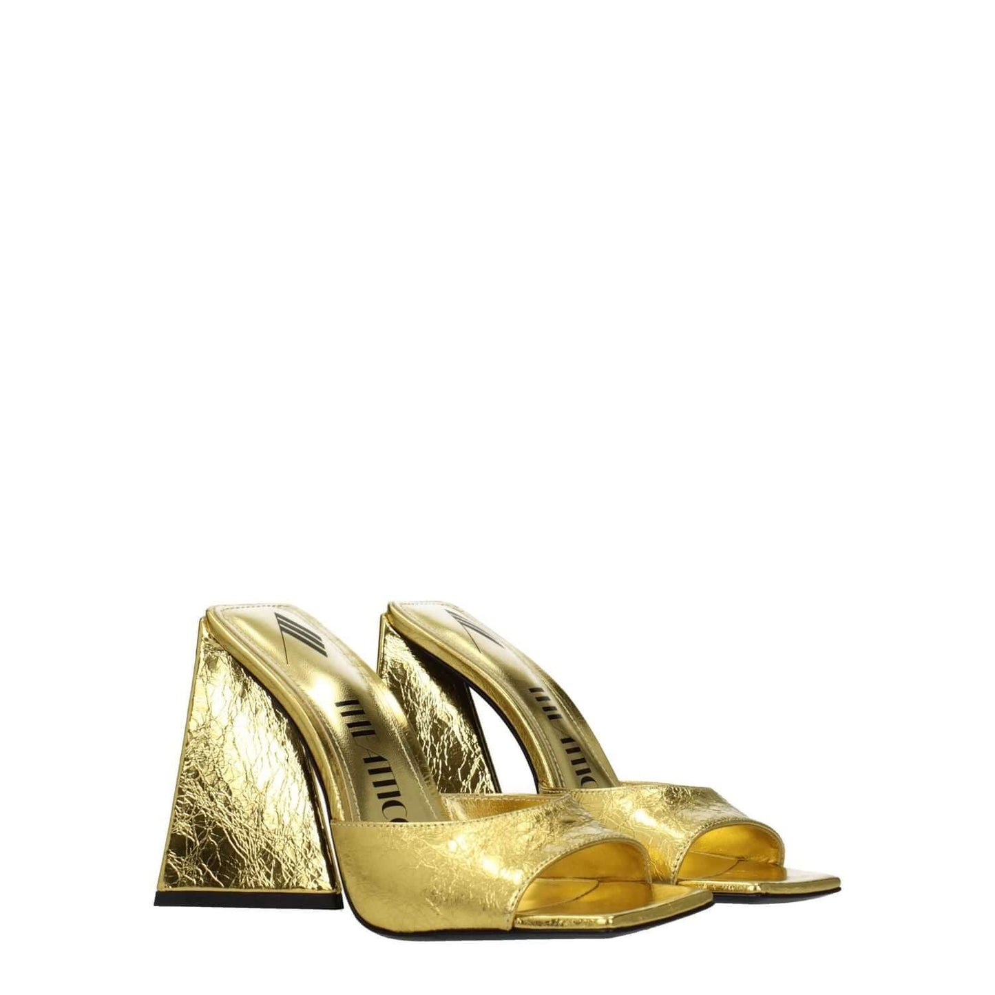 The Attico Gold Leather Platform Sandals with vintage effect, open toe, high heel, and leather sole. Heel height: 11.5 cm, MPN: S000L070022.