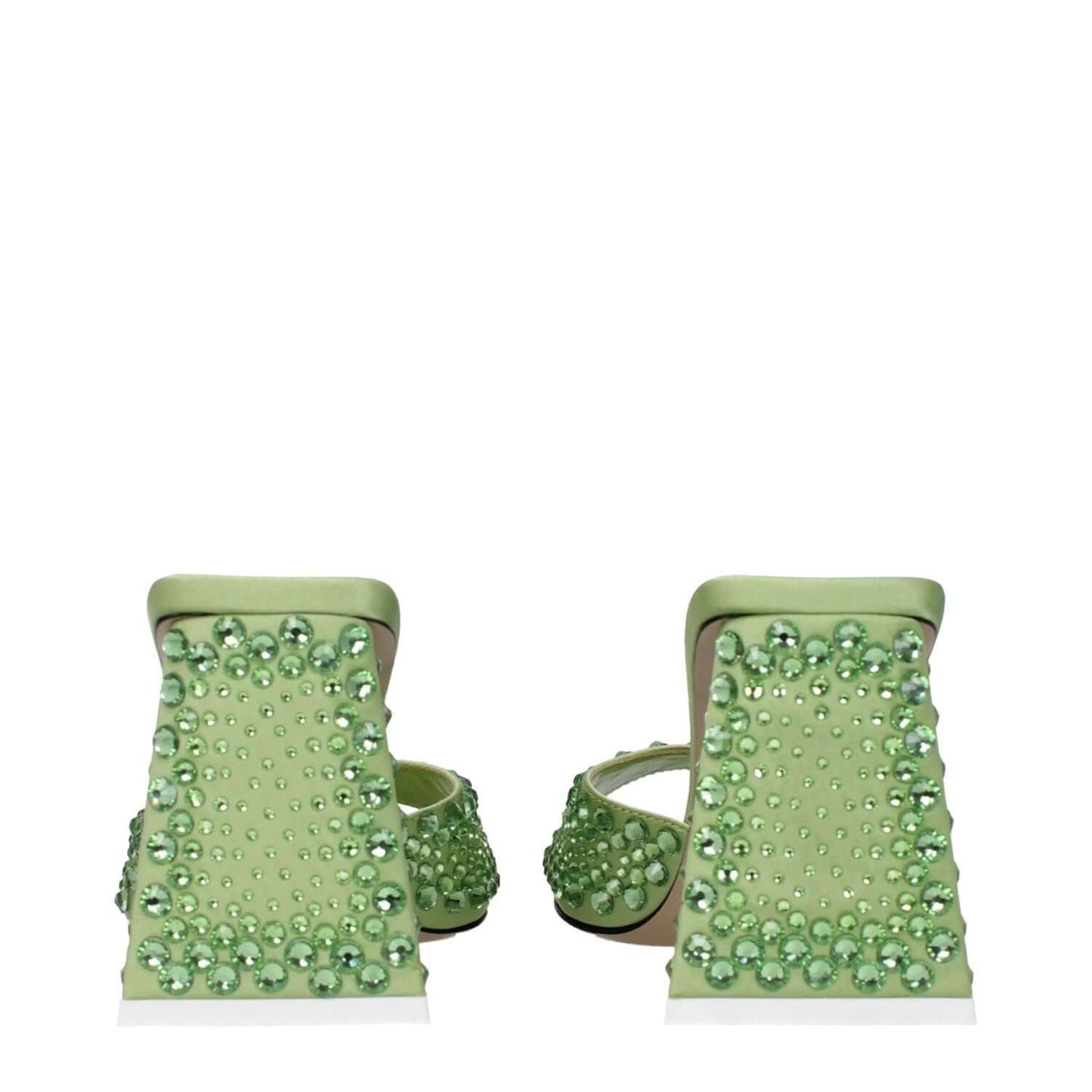 Back view of The Attico Green Satin Stiletto Heel Sandals with rhinestone detailing and leather sole, showcasing elegant mid-high heels.