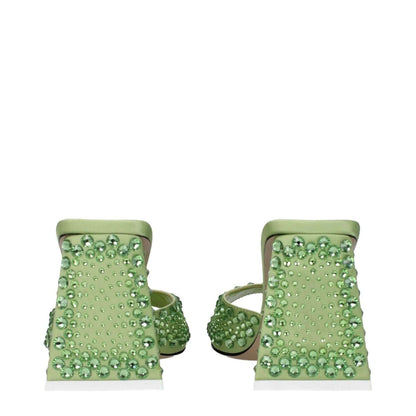 Back view of The Attico Green Satin Stiletto Heel Sandals with rhinestone detailing and leather sole, showcasing elegant mid-high heels.