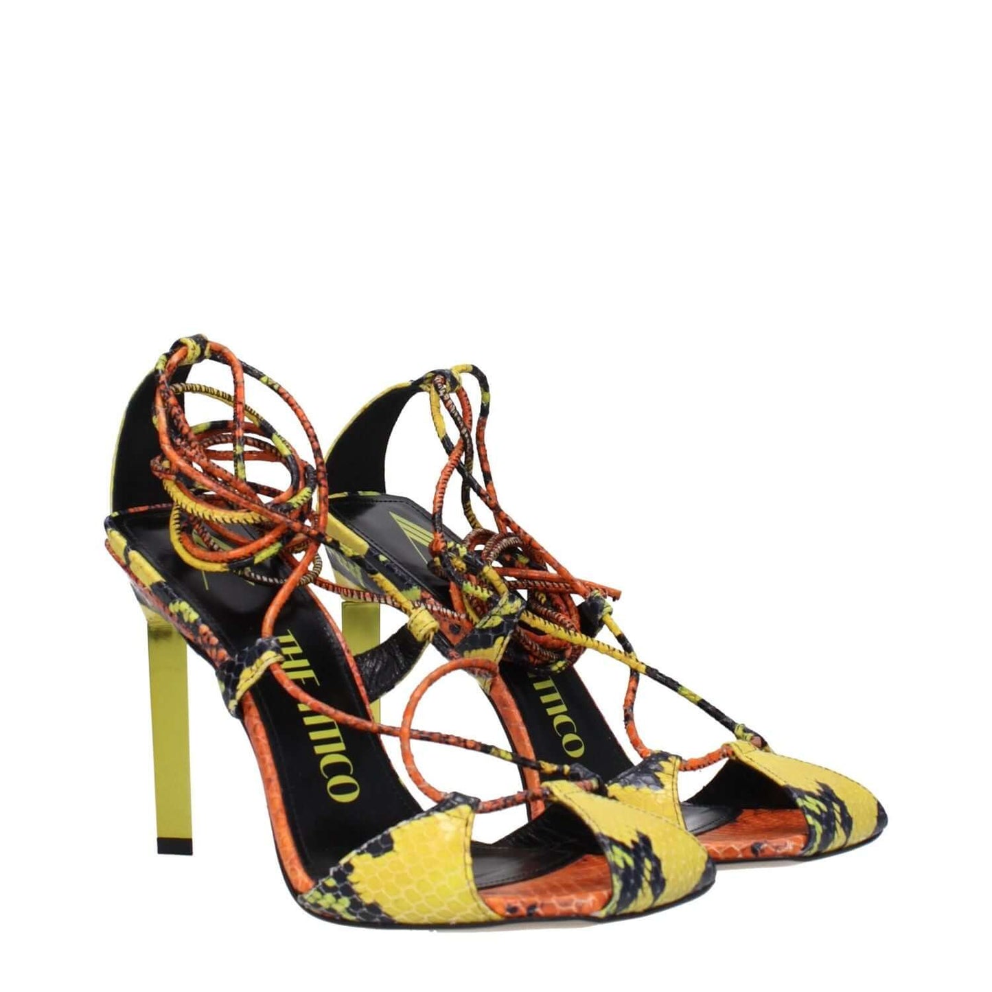 The Attico Orange Leather Stiletto Heel Sandals with snake print, open toe, and vintage effect, featuring high 11 cm heel and self tie closures.