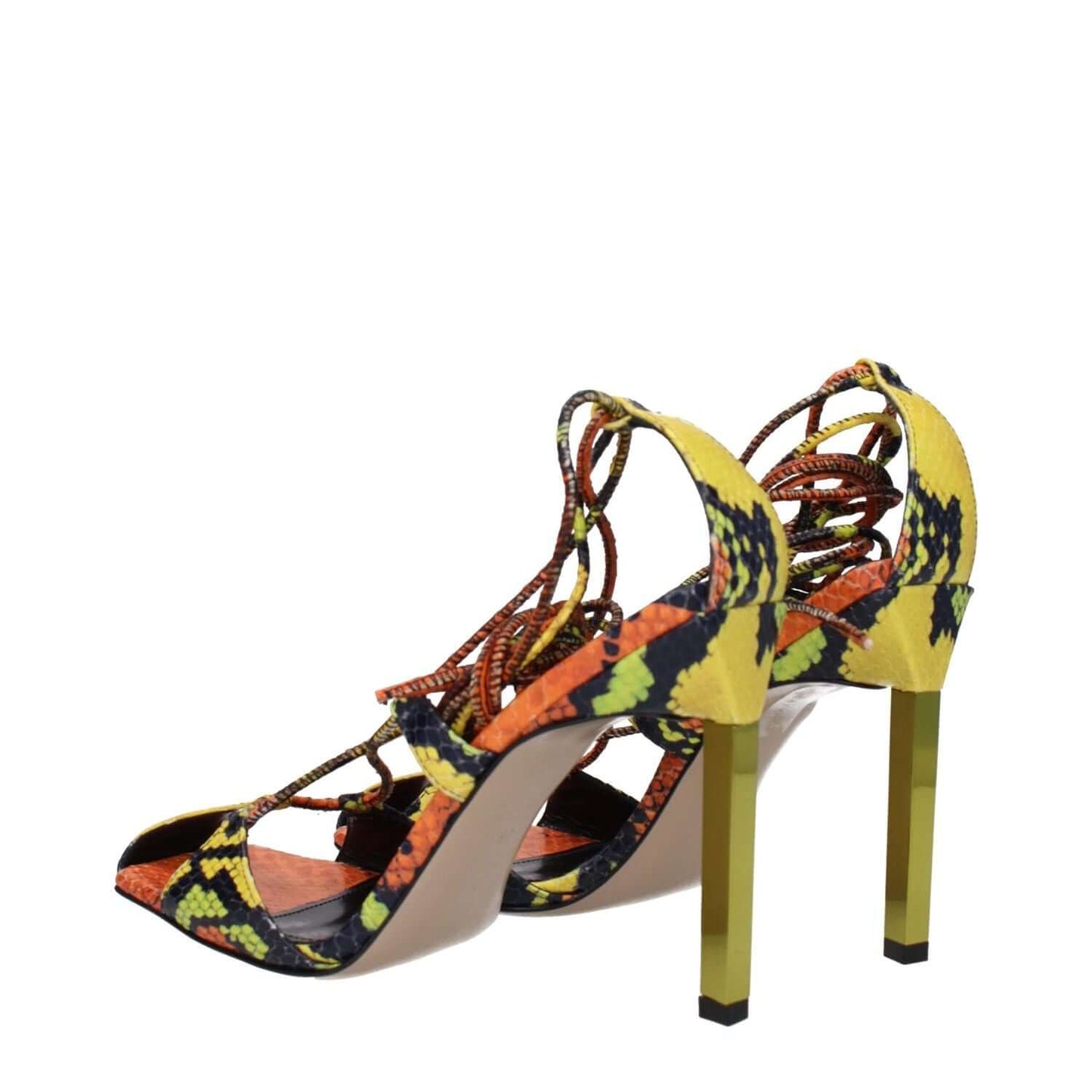 The Attico Orange Leather Stiletto Heel Sandals with vintage effect, snake print, and 11cm high heels featuring open toe design.