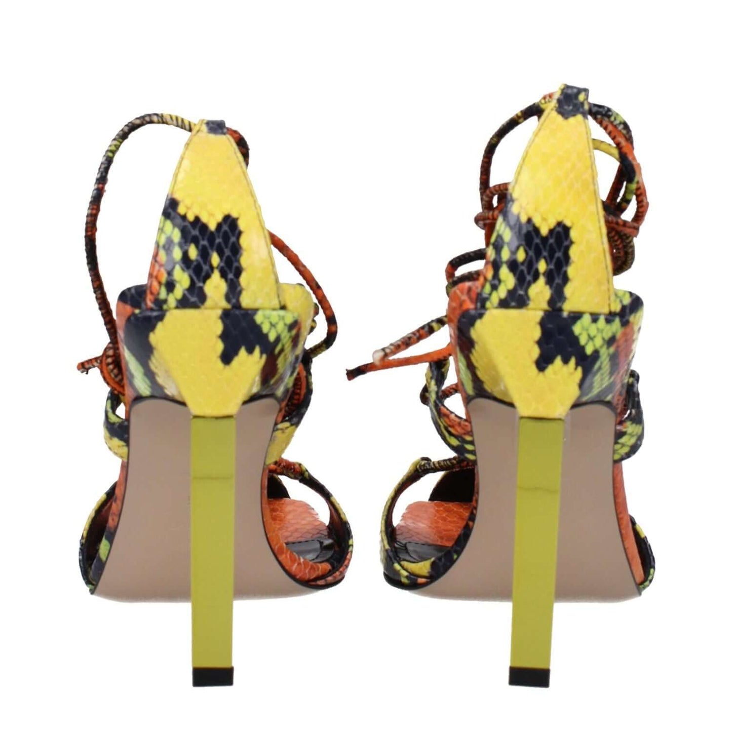 The Attico Orange Leather Stiletto Heel Sandals with snake print and vintage effect, open toe, high heel, and self-tie closures.
