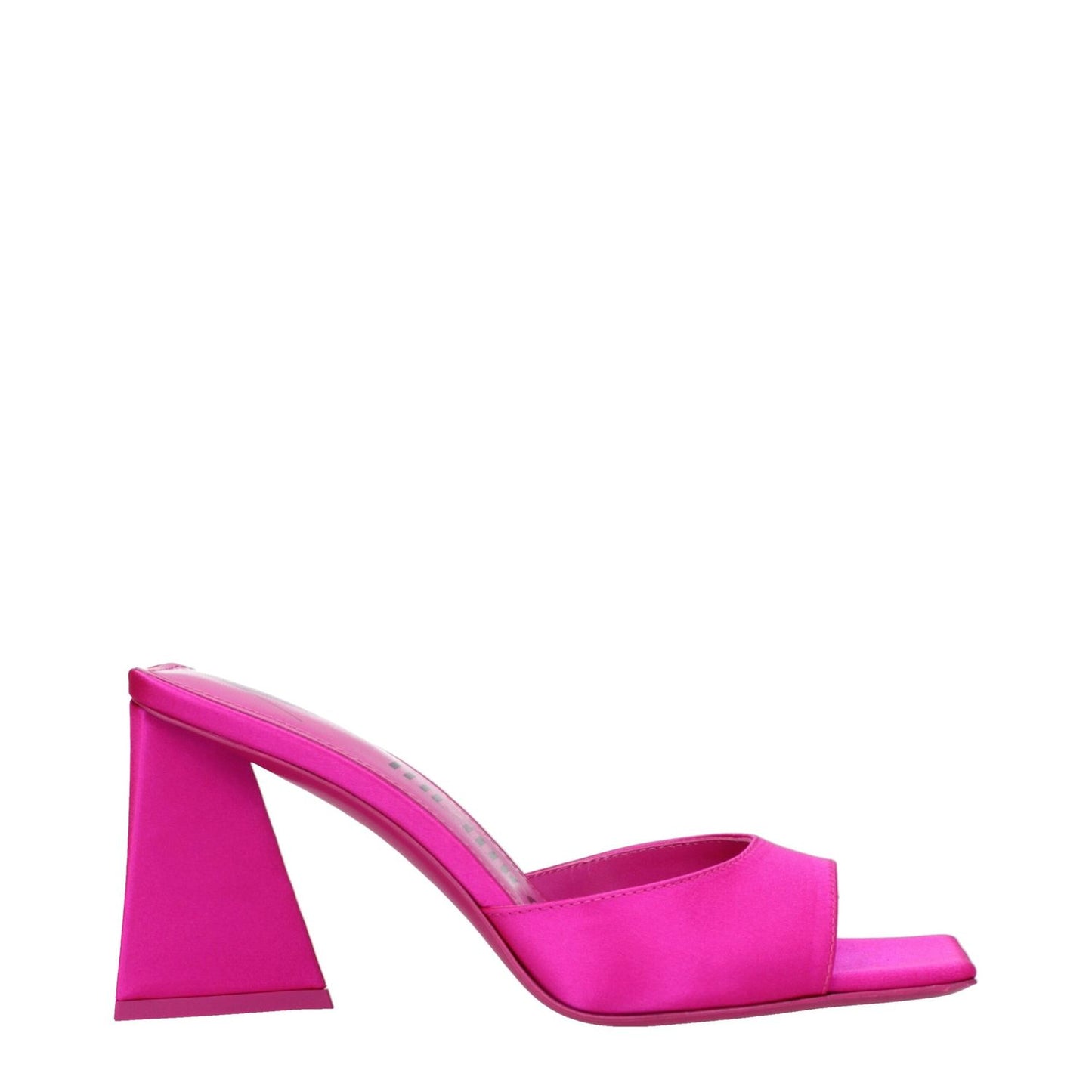 The Attico Pink Satin Stiletto Heel Sandals with open toe and mid heels, fuchsia satin, leather sole, 8.5 cm heel height.