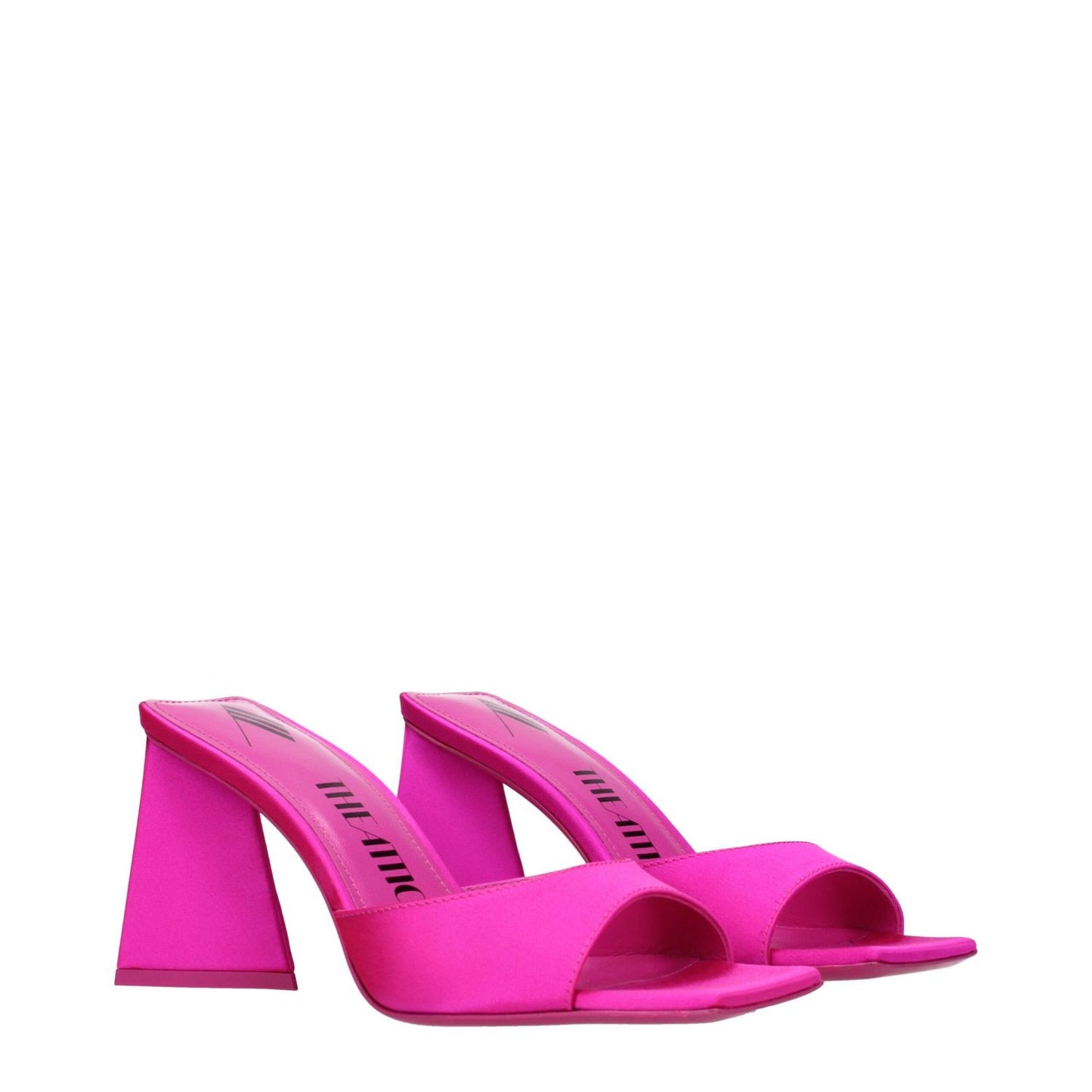 The Attico Pink Satin Stiletto Heel Sandals with open toe design and leather sole, perfect for stylish occasions.