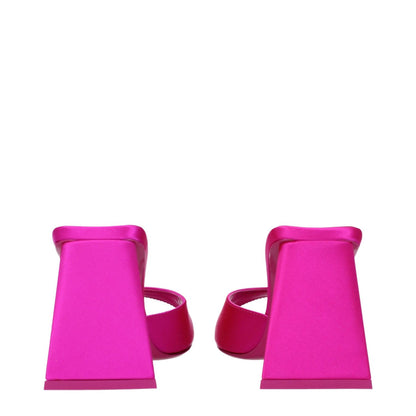 The Attico Pink Satin Stiletto Heel Sandals with leather sole and mid heels, back view showcasing the open toe design in fuchsia.