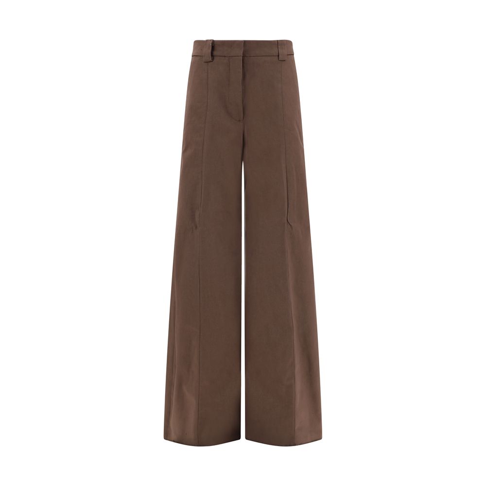 The Latest Brown Cotton Casual Pants with high-waisted wide-leg design, front zipper closure, and belt loops for added style.