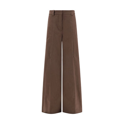 The Latest Brown Cotton Casual Pants with high-waisted wide-leg design, front zipper closure, and belt loops for added style.