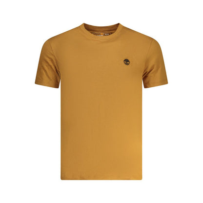 Timberland Brown Cotton Men T-Shirt with iconic logo, slim-fit, crew neck, short-sleeve, perfect for casual style and adventure.