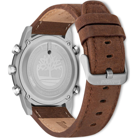 Back view of Timberland Brown Leather Watch with stainless steel case and buckle closure.