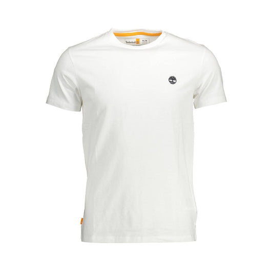 Timberland White Organic Cotton Men T-Shirt with logo, made from 100% organic cotton, crew neck, slim fit, eco-friendly fashion.