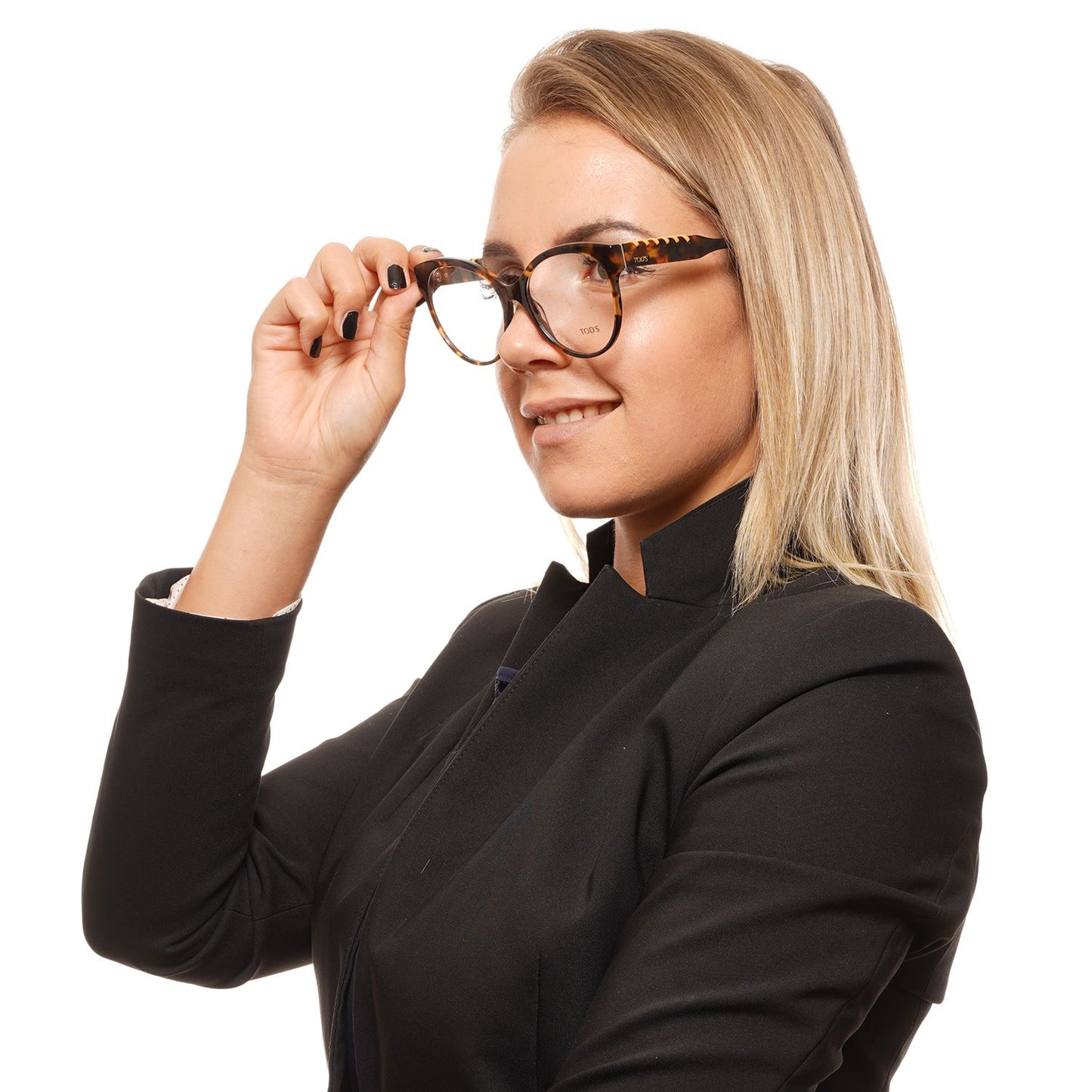 Woman wearing Tod's Chic Brown Round Full-Rim Women's Glasses showcasing elegant full-rim design in profile.