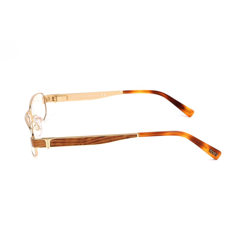 Side view of Tod's Pink Metal Frames with gold accents and brown temples, showcasing elegant design and quality craftsmanship.