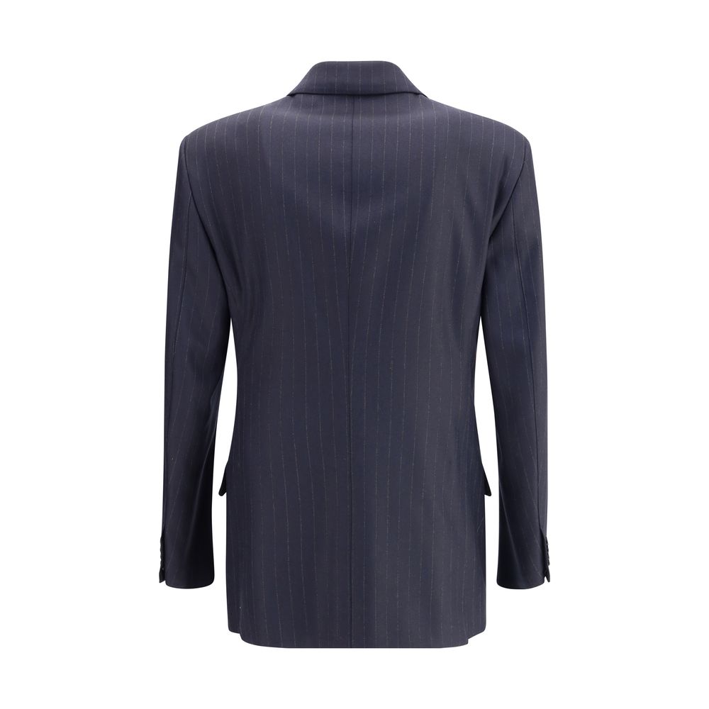 Rear view of Tom Ford Blue Wool Blazer with pinstripe design and double-breasted pattern, featuring peak lapels and welt flap pockets.