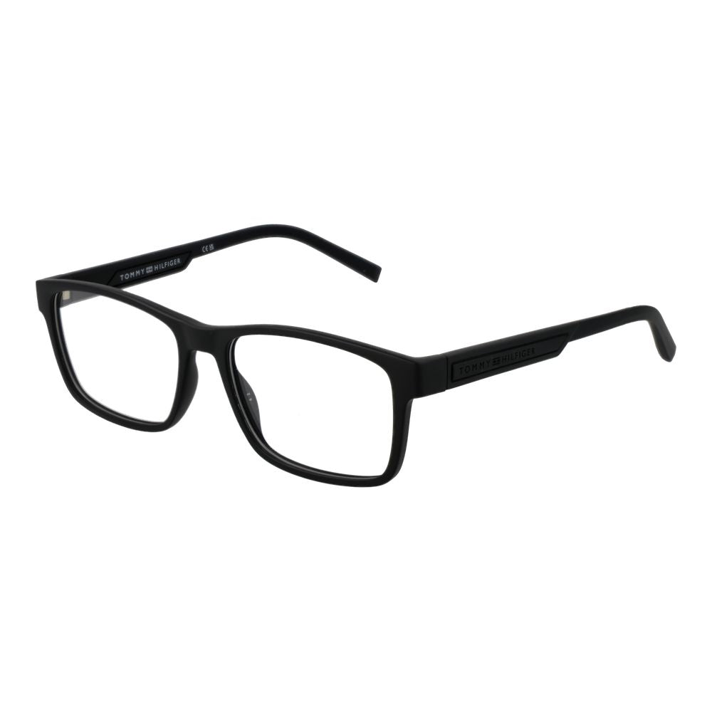 Tommy Hilfiger Black Polyamide Glasses (Frames) in full-rim rectangle style for men with demo lenses and branded case.