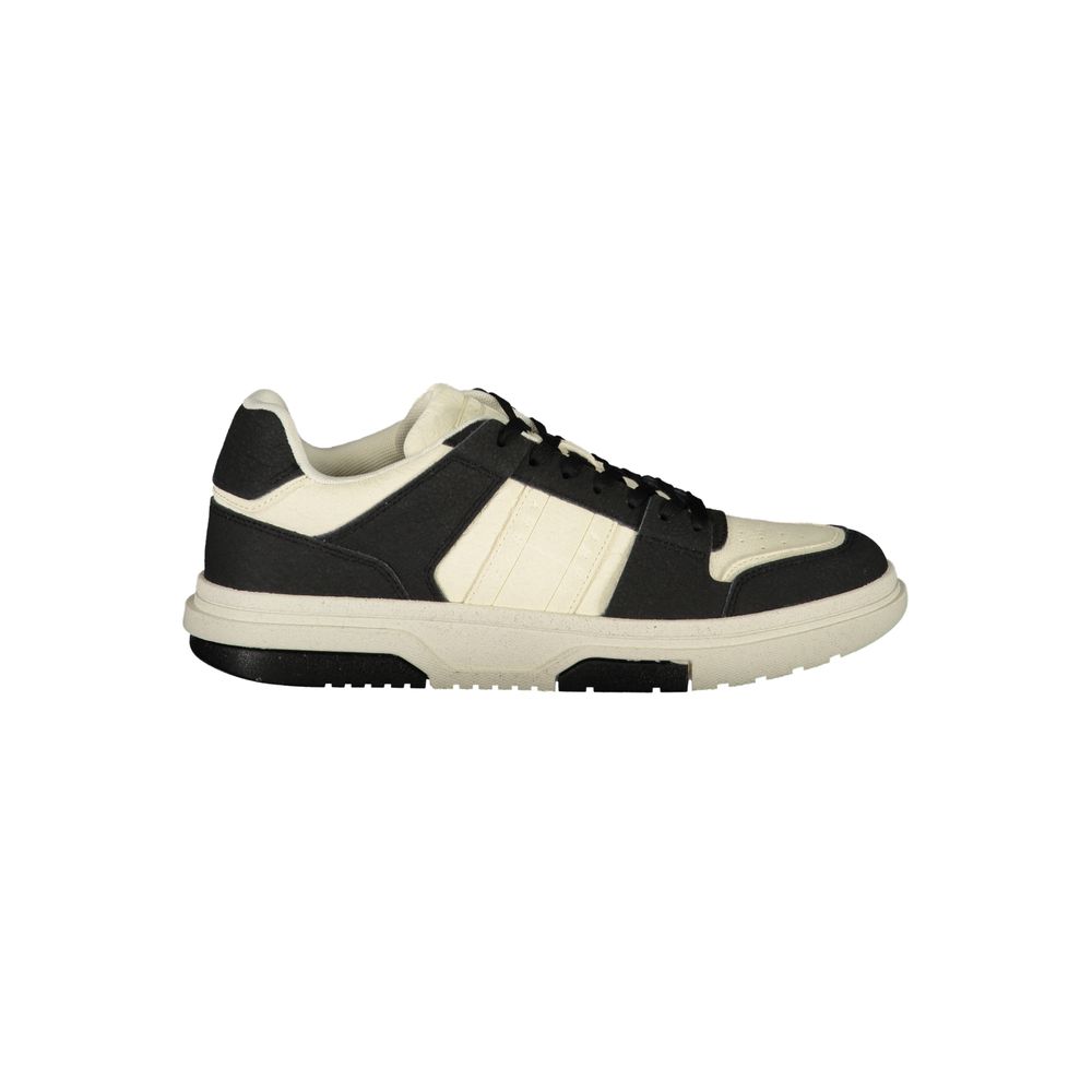Tommy Hilfiger Black Polyester Sneaker with laces, contrast details, logo, side view on white background.