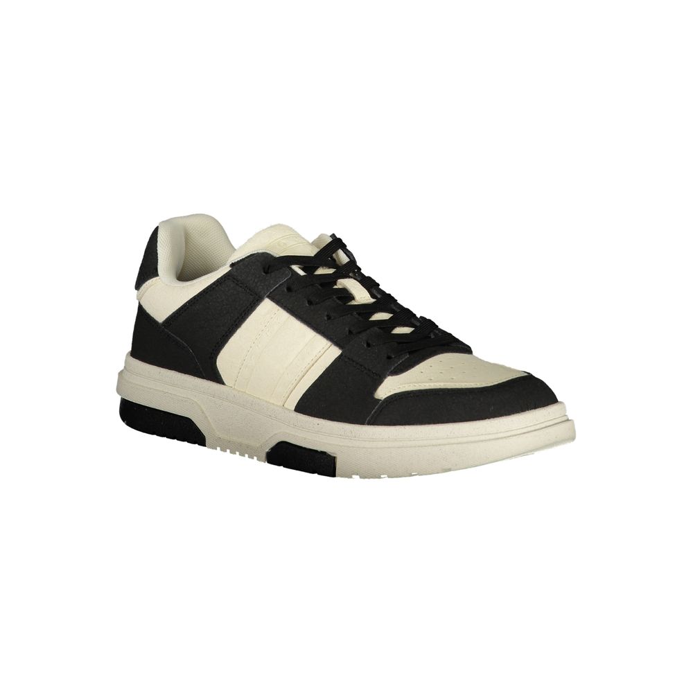 Tommy Hilfiger Black Polyester Sneaker with laces, logo, and contrast details, perfect for sports footwear enthusiasts.