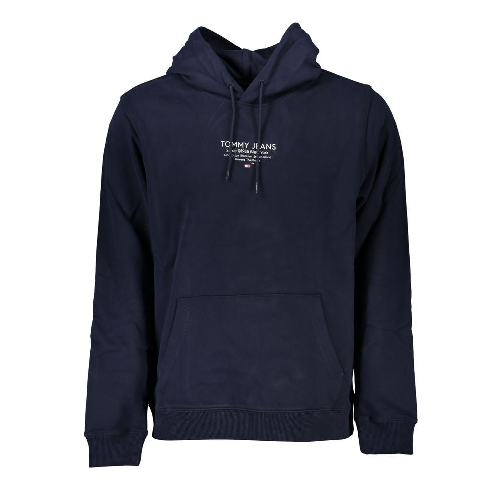 Tommy Hilfiger Blue Cotton Men Sweater with Hood, featuring long sleeves, central pocket, and logo print, perfect for off-duty style.