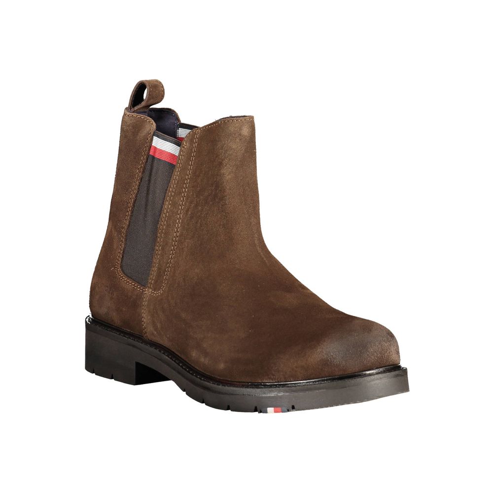 Tommy Hilfiger Brown Leather Men Boot with iconic logo and side elastic for modern design.