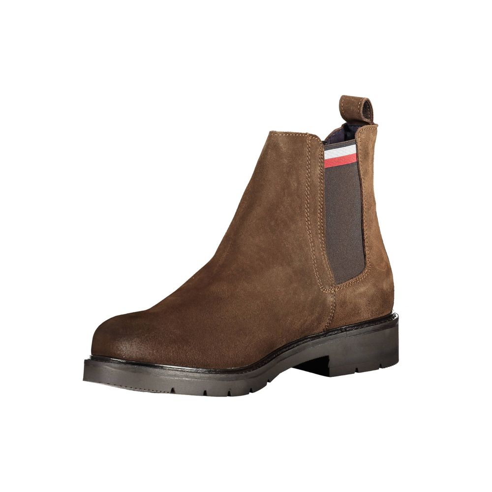 Tommy Hilfiger Brown Leather Men Boot with side elastic and iconic logo, showcasing sleek design and timeless American style.