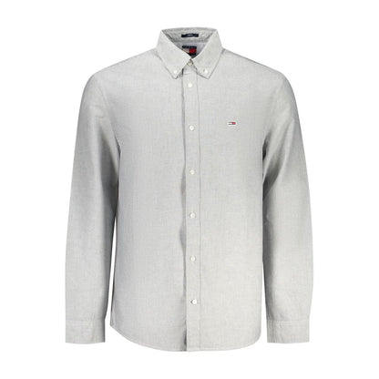 Tommy Hilfiger Gray Cotton Men Shirt with button-down collar and embroidery logo, featuring eco-friendly regenerative cotton.