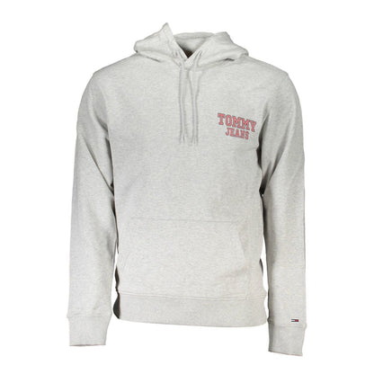 Tommy Hilfiger Gray Cotton Men Sweater with hood and logo print, showcasing transitional cotton fabric and central pocket.