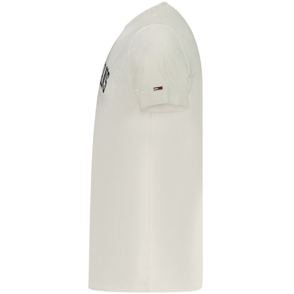 Tommy Hilfiger White Cotton Men T-Shirt with logo on sleeve, side view showcasing crew neck and sustainable fashion design.