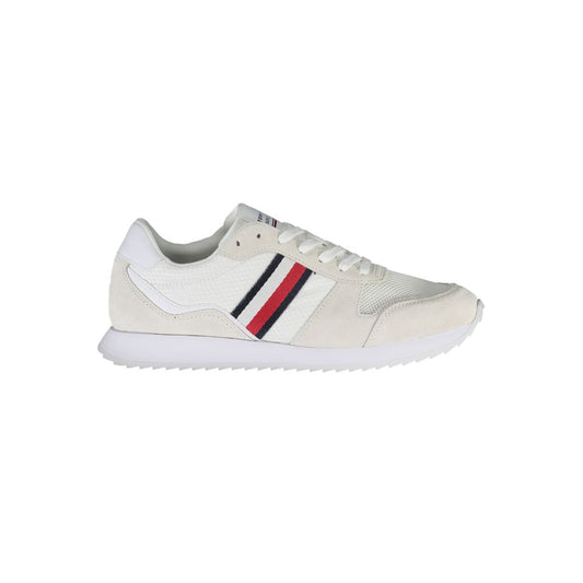 Tommy Hilfiger White Polyester Men Sneaker with recycled polyester and leather accents, eco-friendly design with iconic logo.