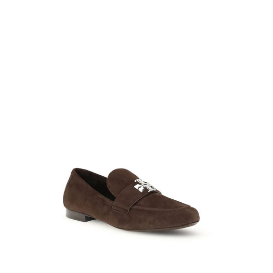 Tory Burch Eleanor Loafer in brown suede with silver-tone double T hardware, elegant and versatile footwear for AW25 season.