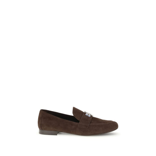 Tory Burch Eleanor Loafer in brown suede with silver-tone double T hardware, featuring refined style for both casual and polished outfits.