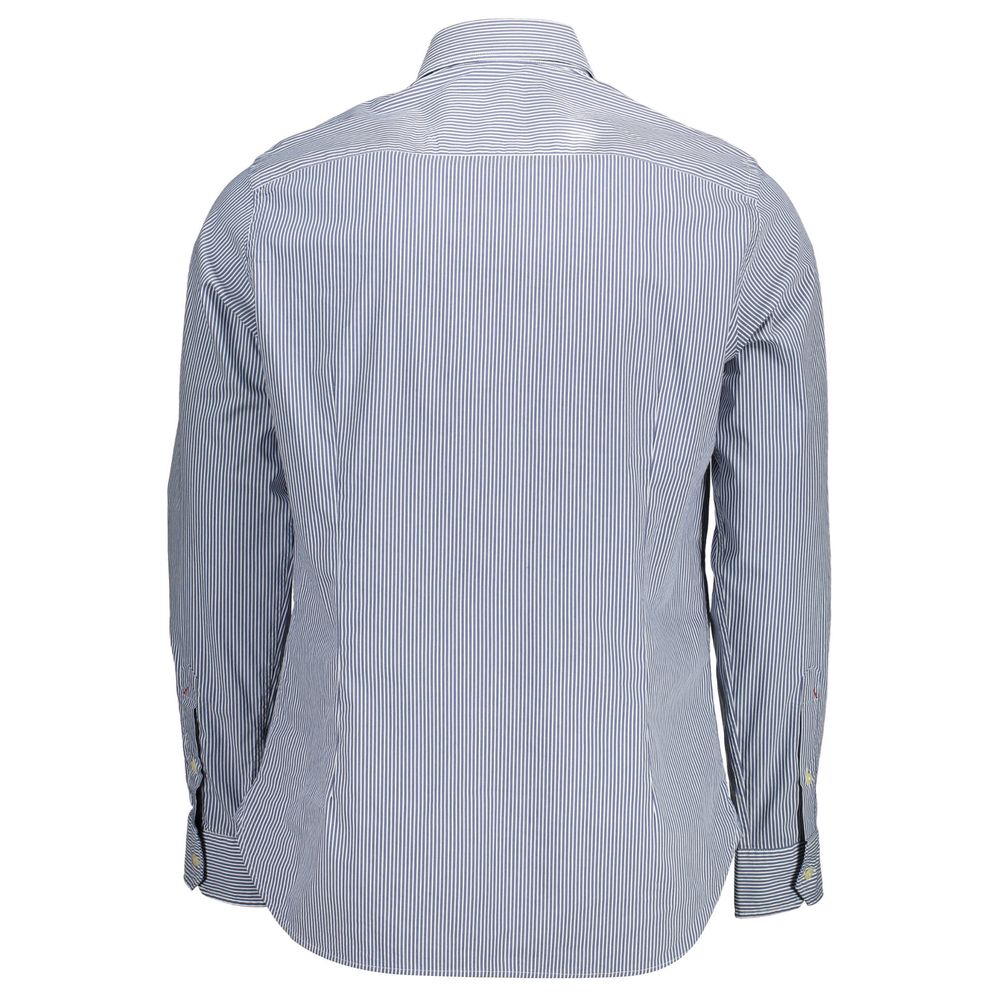 Back view of U.S. POLO ASSN. Blue Cotton Men Shirt showing long sleeves and detail stitching.