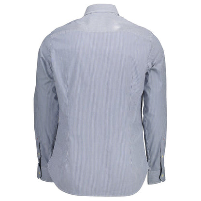 Back view of U.S. POLO ASSN. Blue Cotton Men Shirt showing long sleeves and detail stitching.