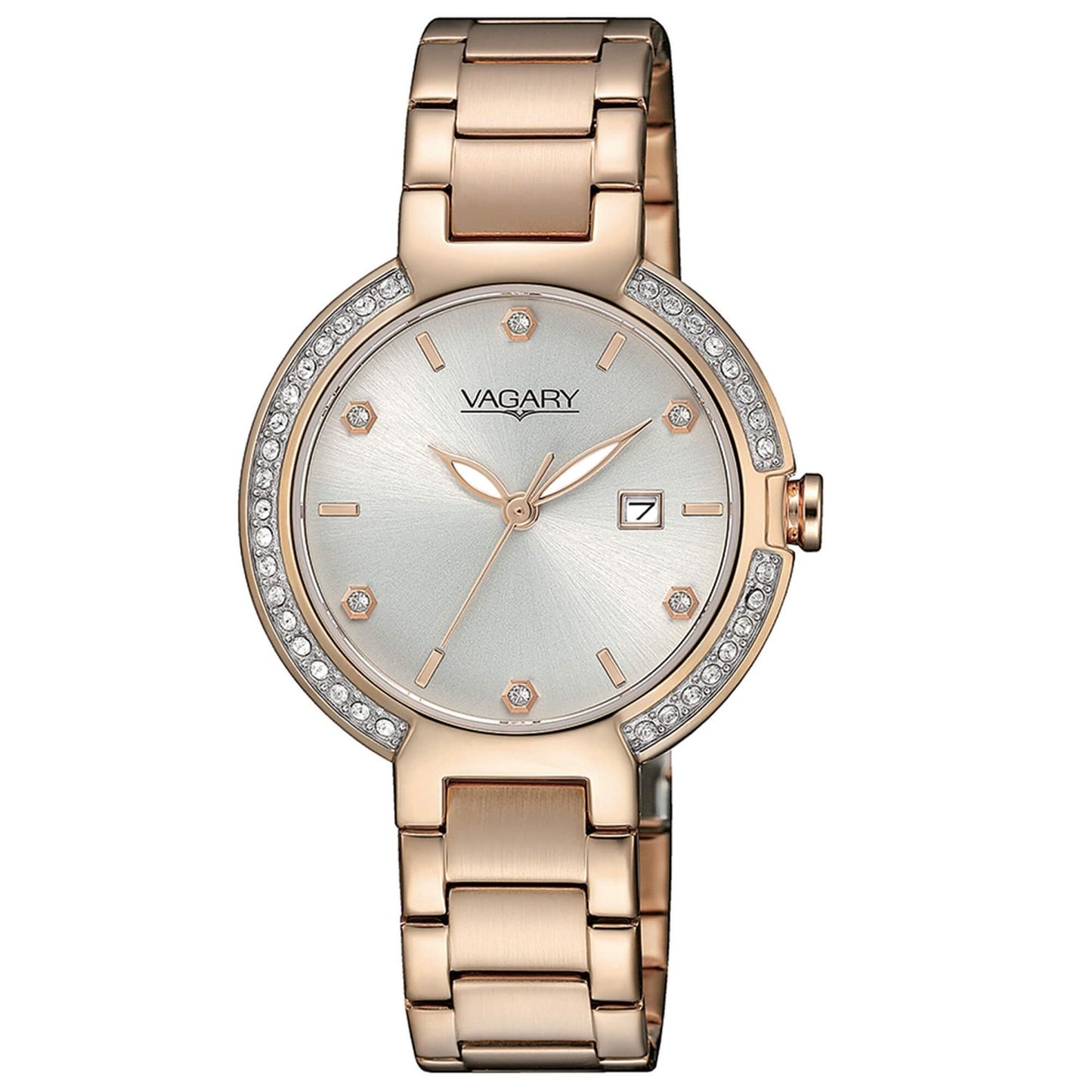 VAGARY MOD. IU2-529-11 elegant watch with a gold-tone bracelet and diamond-like accents, featuring a classic round face design.