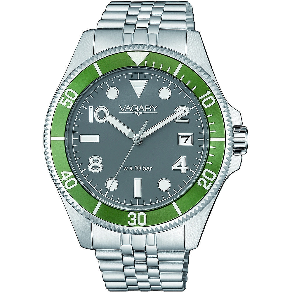 Alt Tag: VAGARY MOD. VD5-015-61 watch with green bezel and silver bracelet, featuring water resistance of 10 bar and date display.