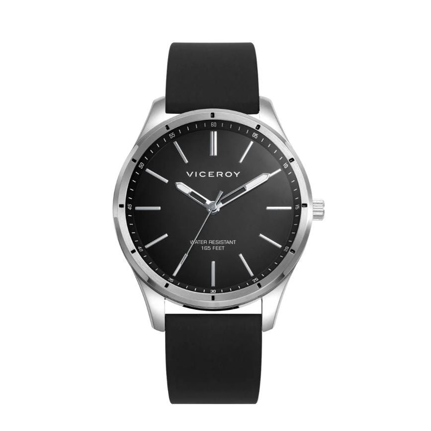VICEROY Mod. 401383-57 watch with black dial and strap, 5 ATM water resistance, 41mm case, quartz analog movement, silver accents.