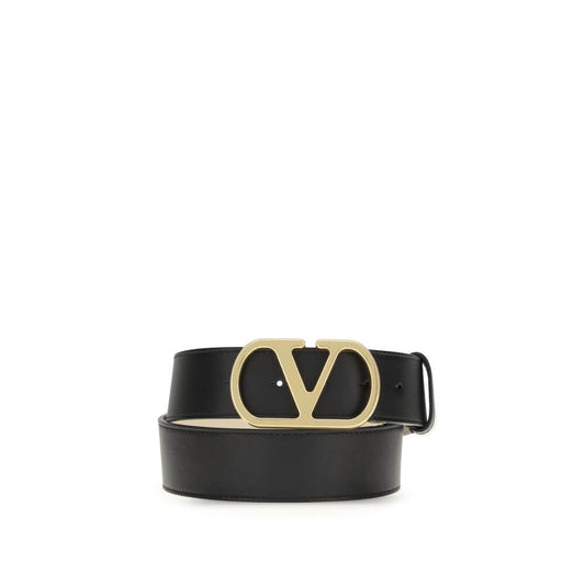 Valentino Garavani Black Calf Leather Bos Taurus Regular Belt with reversible design and iconic VLogo buckle, 4 cm wide.