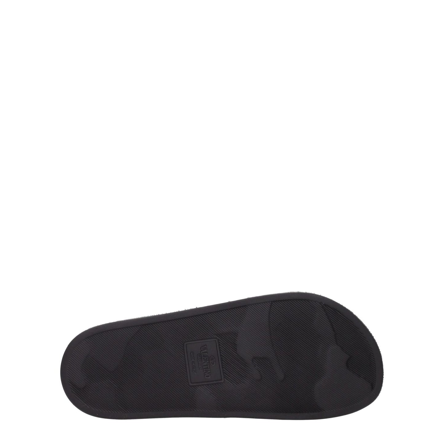 Valentino Garavani Black Cotton Slippers sole view showing rubber material and logo design, open toe, flat heel.