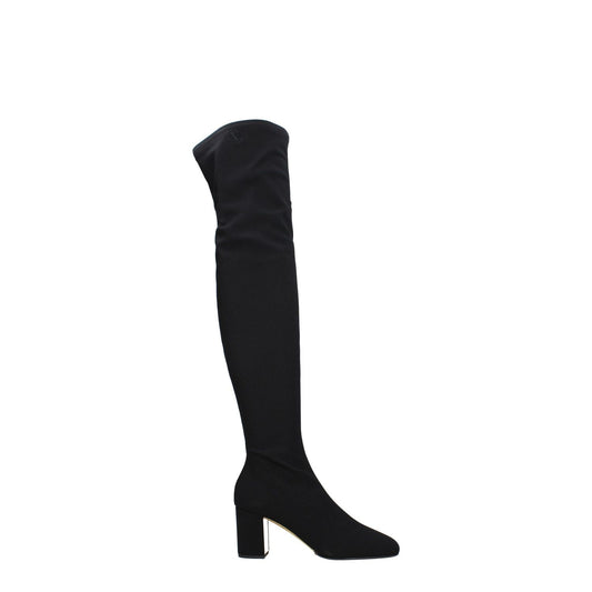 Valentino Garavani Black Fabric Over The Knee boots with square toe, mid heels, and side logo detail.