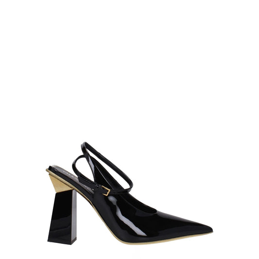 Valentino Garavani Black Leather Sandals with buckle closure, high heel and pointy toe, made of patent leather, side view.