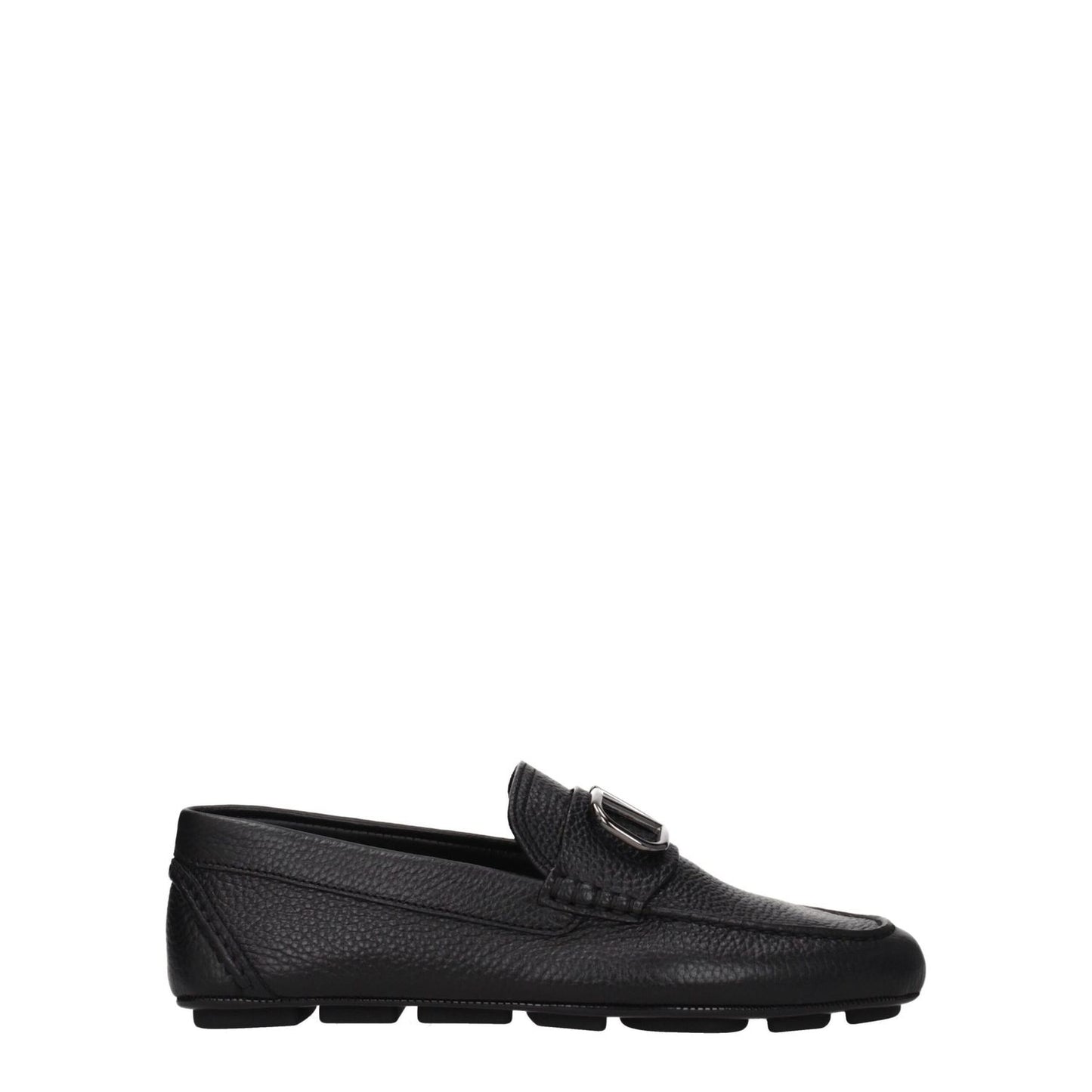 Valentino Garavani Black Leather Slip-On Loafers with front logo, silver details, rubber sole, round toe, low flat heel.