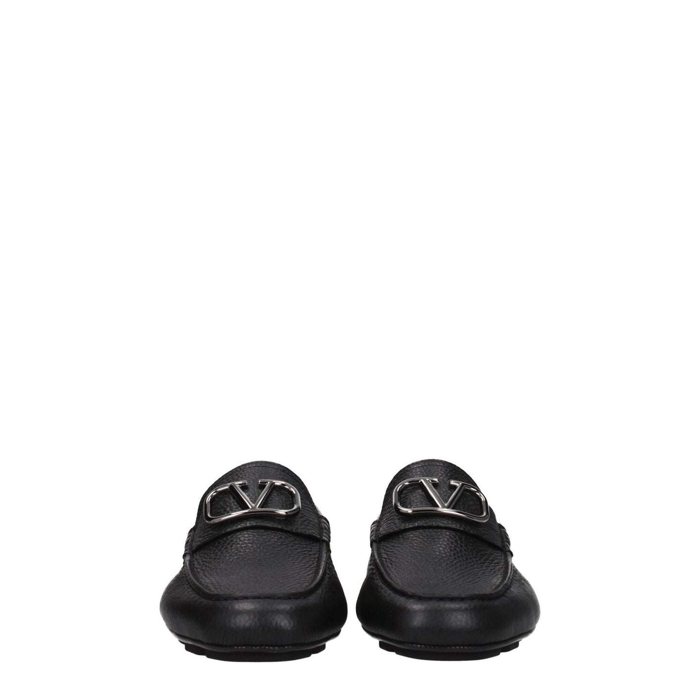 Valentino Garavani Black Leather Slip-On Loafers with silver front logo and round toe, stylish design with rubber sole.