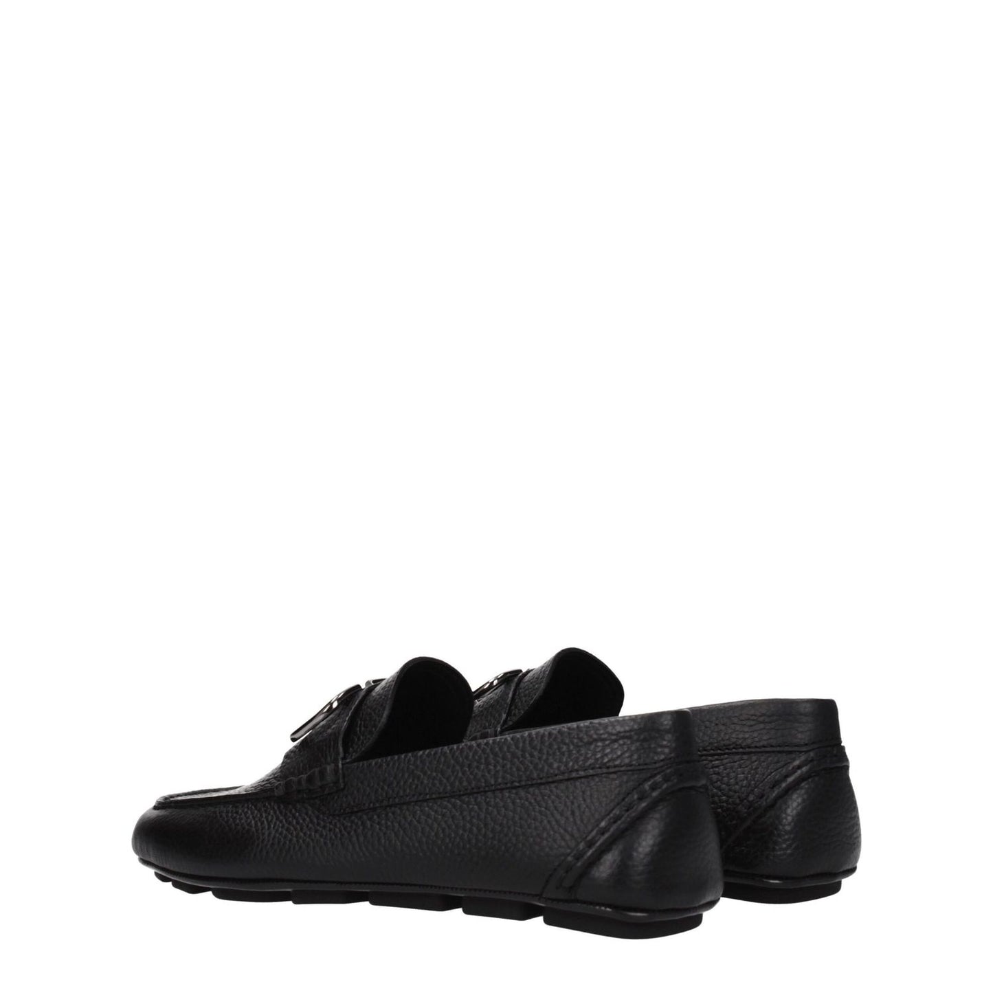 Valentino Garavani Black Leather Slip-On Loafers with silver front logo and rubber sole, low heel, stylish round toe design.