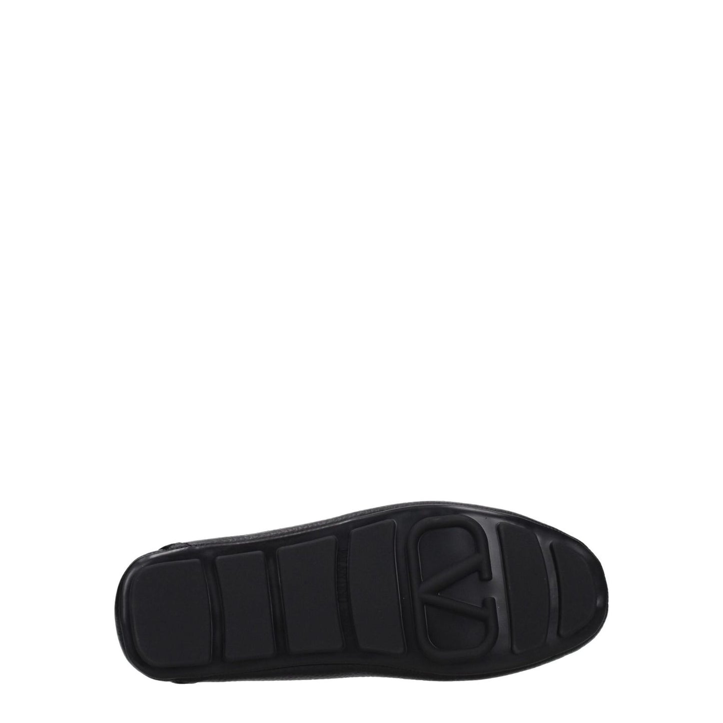 Valentino Garavani Black Leather Slip-On Loafers rubber sole view, featuring stylish design and front logo detail.