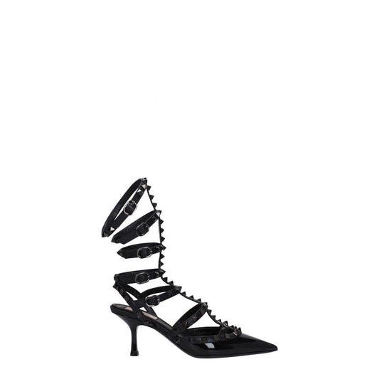 Valentino Garavani Black Leather Stiletto Heel Sandals with studs and buckle closure, patent leather, mid heels, pointy toe.